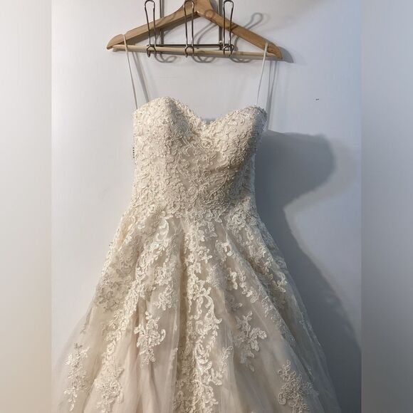 Madi Lane Elegant Lace Strapless Ball Gown Wedding Dress – Ivory Tulle - Picture 4 of 16